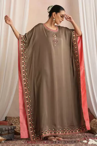 Olive embroidered cotton kaftan