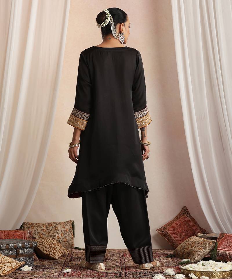 Black embroidered silk kurta set