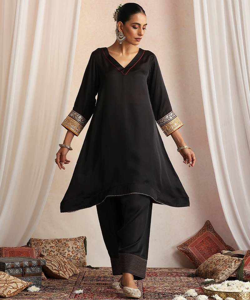 Black embroidered silk kurta set