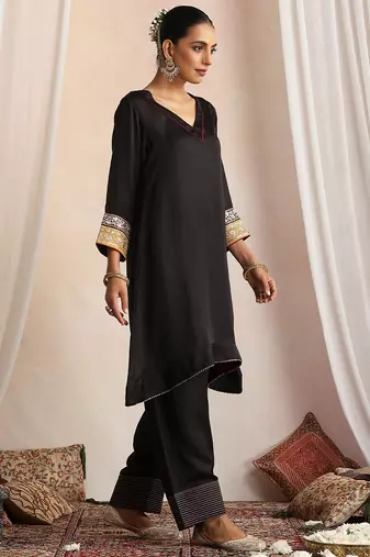 Black embroidered silk kurta set