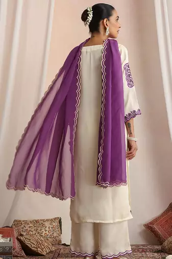 White embroidered silk kurta set