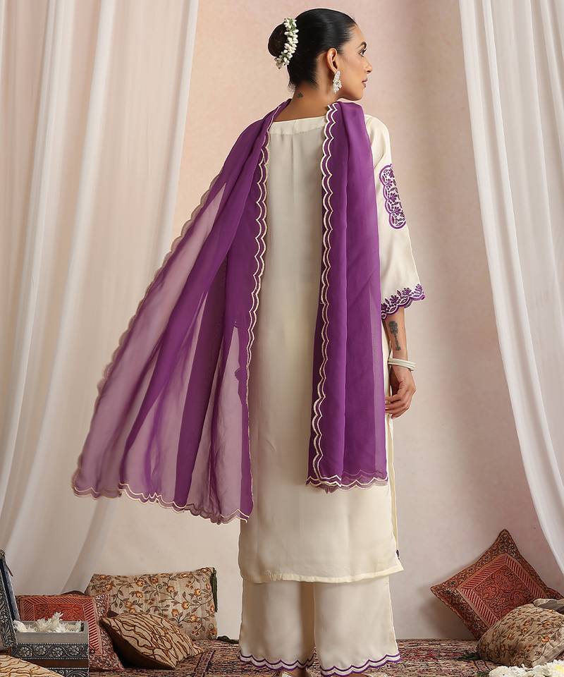 White embroidered silk kurta set