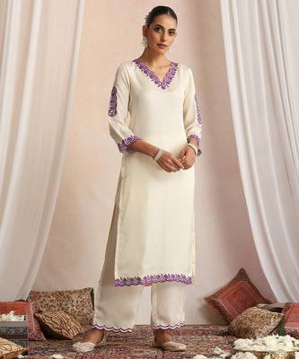White embroidered silk kurta set 5