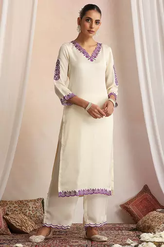 White embroidered silk kurta set