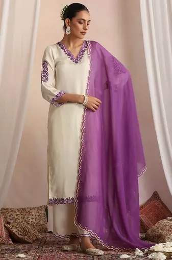 White embroidered silk kurta set