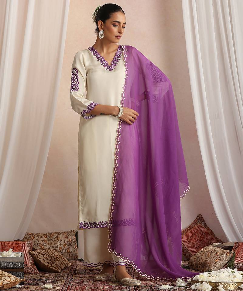 White embroidered silk kurta set