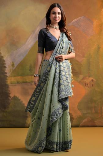 Teal soft muga cotton jamdani saree with all over self weaving & contrast jal pallu with blouse