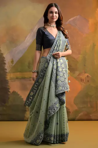 Teal soft muga cotton jamdani saree with all over self weaving & contrast jal pallu with blouse