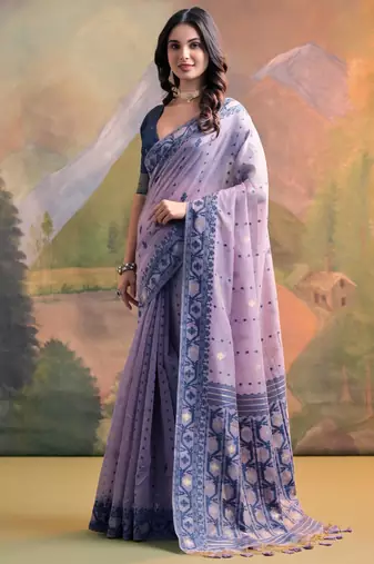 Lavender soft muga cotton jamdani saree with all over self weaving & contrast jal pallu with blouse