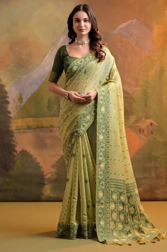 Pista green soft muga cotton jamdani saree with all over self weaving & contrast jal pallu with blouse