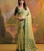 Pista green soft muga cotton jamdani saree with all over self weaving & contrast jal pallu with blouse