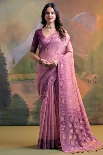 Pink soft muga cotton jamdani saree with all over self weaving & contrast jal pallu with blouse