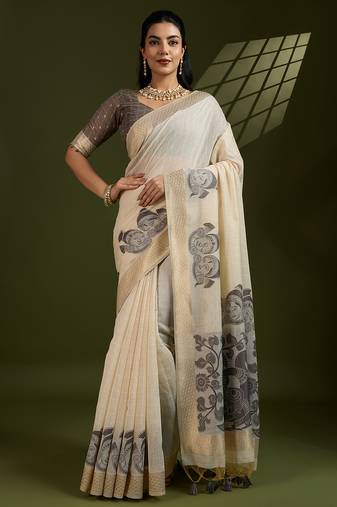 Grey muga cotton saree with kalamkari pallu, figure weaving border & fancy tassels     with blouse piece
