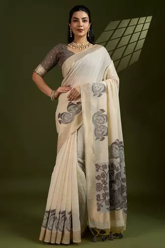 Grey muga cotton saree with kalamkari pallu, figure weaving border & fancy tassels     with blouse piece