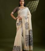Grey muga cotton saree with kalamkari pallu, figure weaving border & fancy tassels     with blouse piece