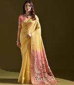 Light yellow soft muga cotton saree with resham weaving pichwai pallu & zari border | contrast blouse