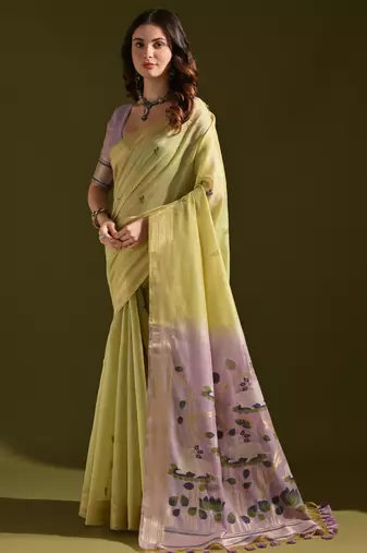Light parrot green soft muga cotton saree with resham weaving pichwai pallu & zari border | contrast blouse