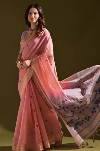 Pastel peach soft muga cotton saree with resham weaving pichwai pallu & zari border | contrast blouse