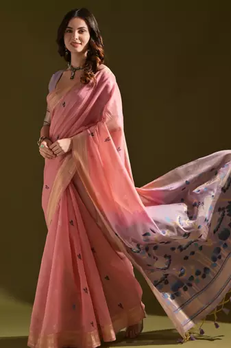 Pastel peach soft muga cotton saree with resham weaving pichwai pallu & zari border | contrast blouse