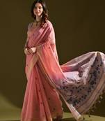 Pastel peach soft muga cotton saree with resham weaving pichwai pallu & zari border | contrast blouse