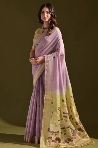 Lavender soft muga cotton saree with resham weaving pichwai pallu & zari border | contrast blouse