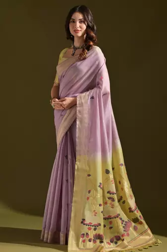 Lavender soft muga cotton saree with resham weaving pichwai pallu & zari border | contrast blouse