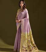 Lavender soft muga cotton saree with resham weaving pichwai pallu & zari border | contrast blouse