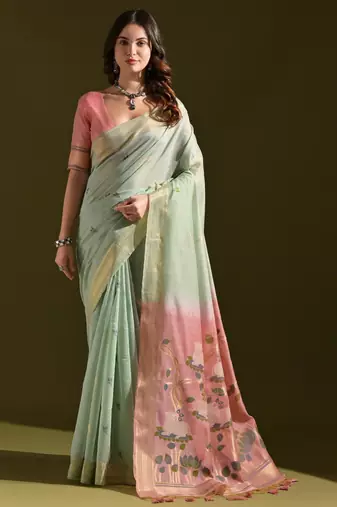 Mint green soft muga cotton saree with resham weaving pichwai pallu & zari border | contrast blouse