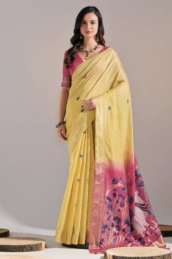 Yellow muga cotton resham woven pichwai pallu saree with zari border & contrast blouse