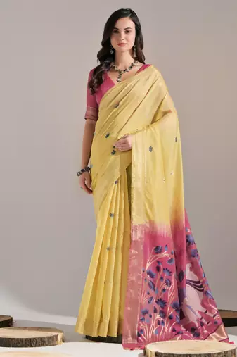Yellow muga cotton resham woven pichwai pallu saree with zari border & contrast blouse