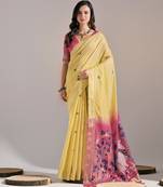 Yellow muga cotton resham woven pichwai pallu saree with zari border & contrast blouse