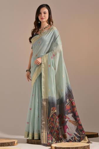 Sky blue muga cotton resham woven pichwai pallu saree with zari border & contrast blouse