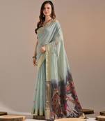 Sky blue muga cotton resham woven pichwai pallu saree with zari border & contrast blouse