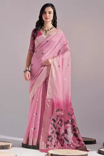 Pink muga cotton resham woven pichwai pallu saree with zari border & contrast blouse