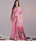 Pink muga cotton resham woven pichwai pallu saree with zari border & contrast blouse