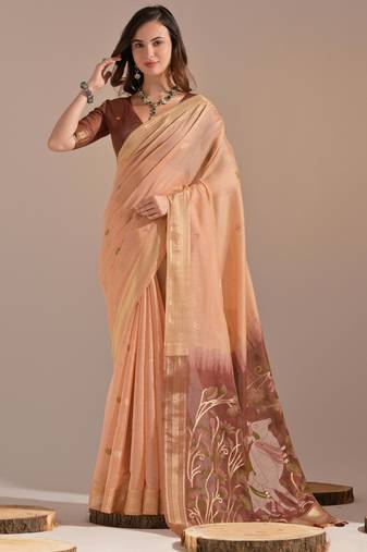 Peach muga cotton resham woven pichwai pallu saree with zari border & contrast blouse