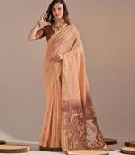 Peach muga cotton resham woven pichwai pallu saree with zari border & contrast blouse