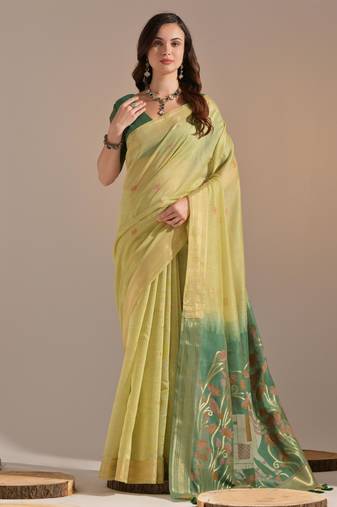 Olive green muga cotton resham woven pichwai pallu saree with zari border & contrast blouse
