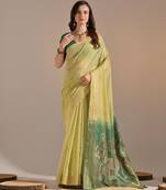Olive green muga cotton resham woven pichwai pallu saree with zari border & contrast blouse