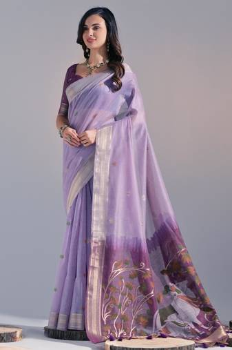 Lavender muga cotton resham woven pichwai pallu saree with zari border & contrast blouse