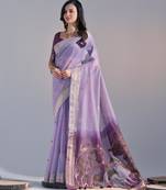 Lavender muga cotton resham woven pichwai pallu saree with zari border & contrast blouse