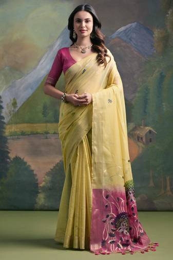 pista yellow soft muga silk blend saree with peacock resham weaving pallu & traditional zari border with contrast blouse