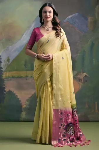 pista yellow soft muga silk blend saree with peacock resham weaving pallu & traditional zari border with contrast blouse