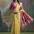 pista yellow soft muga silk blend saree with peacock resham weaving pallu & traditional zari border with contrast blouse