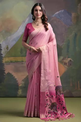 pink soft muga silk blend saree with peacock resham weaving pallu & traditional zari border with contrast blouse