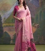 pink soft muga silk blend saree with peacock resham weaving pallu & traditional zari border with contrast blouse