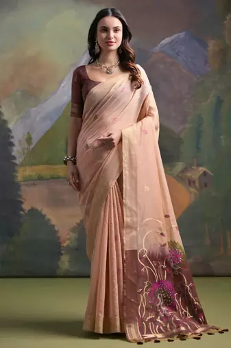 peach soft muga silk blend saree with peacock resham weaving pallu & traditional zari border with contrast blouse
