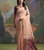 peach soft muga silk blend saree with peacock resham weaving pallu & traditional zari border with contrast blouse