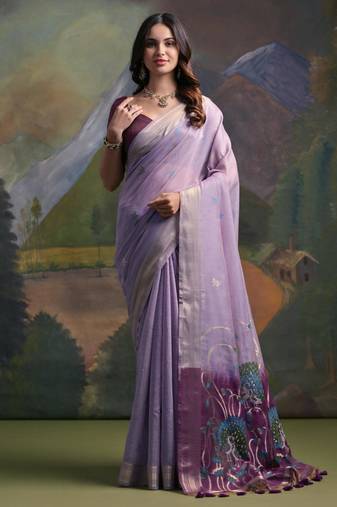 lavender soft muga silk blend saree with peacock resham weaving pallu & traditional zari border with contrast blouse