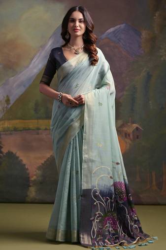 pastel aqua soft muga silk blend saree with peacock resham weaving pallu & traditional zari border with contrast blouse